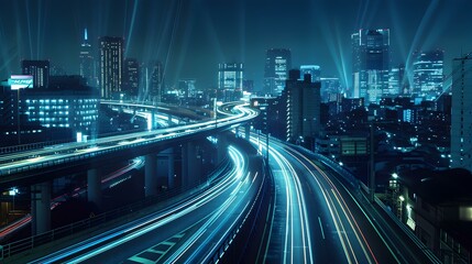 Fototapeta premium Night Cityscape with Traffic Lights and Skyline