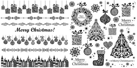 Set of christmas icons. Holiday symbol. Xmas icons collection. Christmas decoration set - lots of calligraphic elements, bits and pieces to embellish your holiday layouts.  Happy New Year. 