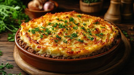 Golden shepherd's pie in a casserole dish, Classic ground meat pie with mashed potato topping
