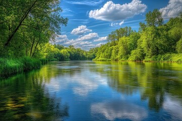 Obraz premium Blue sky, white clouds reflected in calm river.