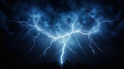 Fototapeta premium Blue lightning branches out against a dark background. Lightning. Lightning.