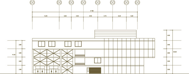 Vector sketch illustration of an architectural engineering design drawing of a view of the cultural center building with dimensions