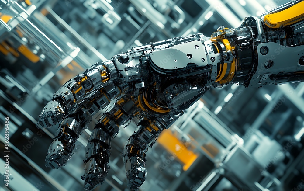 Aufkleber precision ai robotic arm assembling intricate devices on metallic background