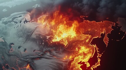 An intense and striking image showing a world map engulfed in flames, representing global issues such as climate change or conflict. The fiery depiction is both dramatic and impactful, highlighting