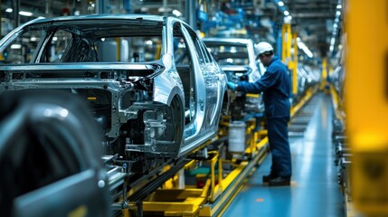 Automotive factory engineers oversee the assembly line production of automobiles in the manufacturing process. Car manufacturing factory with modern technology