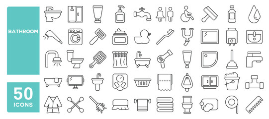 Set of 50 line icons related to bathroom, bath, toilet, bidet, mirror, tap, shower, wash basin, soap, shampoo, comb, cream, Editable stroke. Vector illustration