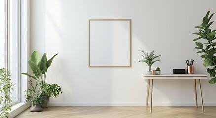 A blank framed picture hanging on a white wall with plants on a white table.