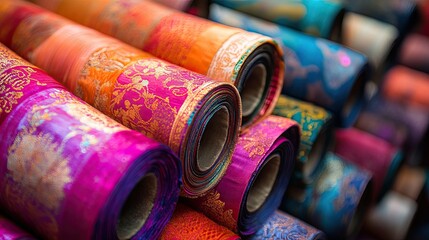 Vibrant silk fabric rolls in an Indian textile store, representing the richness of traditional silk weaving.