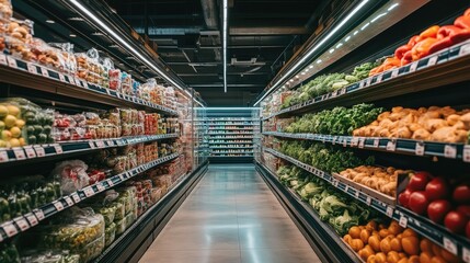 View inside an empty supermarket with rows of well-organized produce and stocked shelves, a calm retail environment