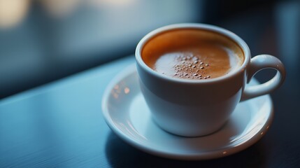Close-up of a cup of coffee with crema on top, resting on a saucer.