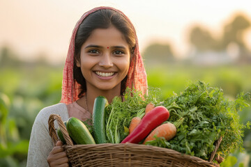 young indian female farmer holding fresh vegetables basket