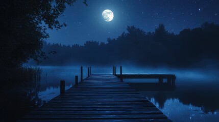 A wooden dock leads to a foggy lake under a