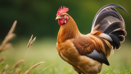 A rooster stands on grassy terrain its vibrant plumage and bright red head prominent against a blurred green background.