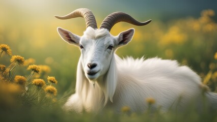 A goat with curved horns stands in a field of tall grass bathed in soft sunlight.