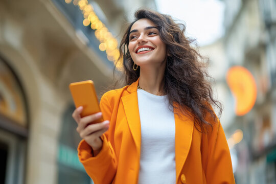 young beautiful woman wearing orange jacket smiling and holding smartphone while walking