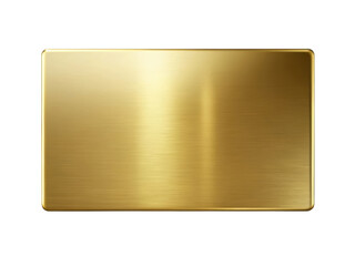 Rectangular gold metal plate with a smooth, polished surface and rounded edges, showcasing a reflective finish. Ideal for design and branding purposes. Isolated on transparent background, png.