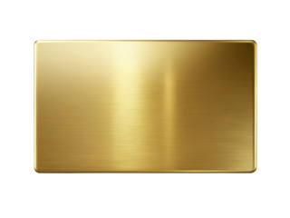 Rectangular gold metal plate with a smooth, polished surface and rounded edges, showcasing a reflective finish. Ideal for design and branding purposes. Isolated on transparent background, png.