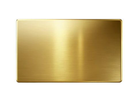Rectangular gold metal plate with a smooth, polished surface and rounded edges, showcasing a reflective finish. Ideal for design and branding purposes. Isolated on transparent background, png.