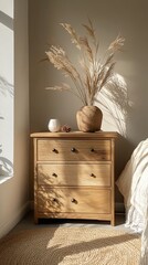 Interior of modern living room with beige wall, wooden chest of drawers, vase with dried flowers and plant