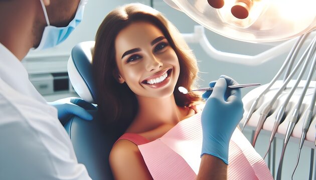 Smiling Woman at Dentist Office in Pink Top Receiving Dental Checkup, Dentist with Blue Gloves Holding Dental Mirror, Happy Dental Visit Concept