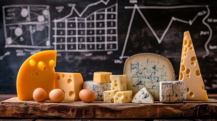 An assortment of cheeses and eggs displayed on a wooden board, set against a backdrop of data charts on a chalkboard. This image is ideal for culinary, educational, or business-themed projects.