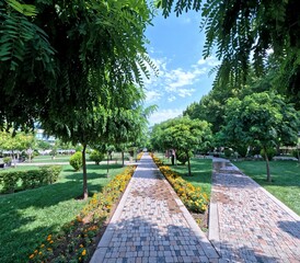 Walkway in the park with green trees and grass on blue sky background