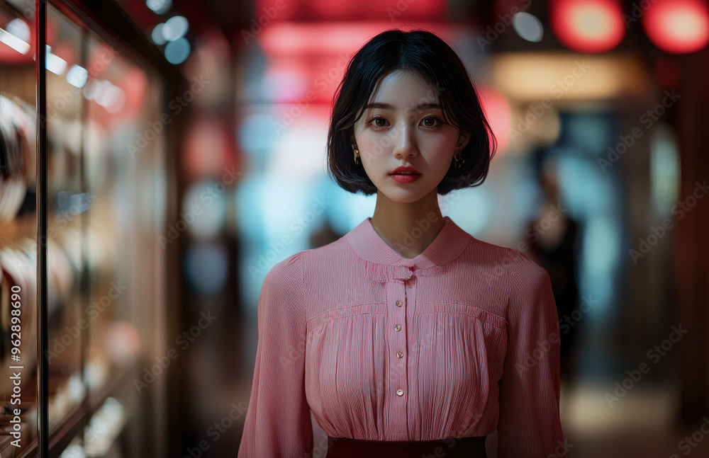 Sticker an Asian woman in her mid-30s wearing a pink blouse and skirt, standing inside a shop and surrounded by hanging