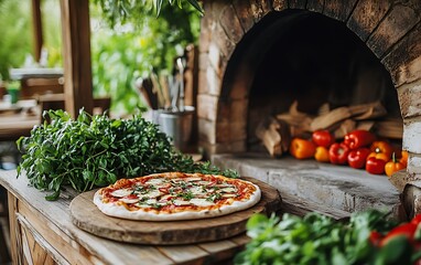 Rustic Outdoor Stone Oven with Freshly Baked Pizza, Herbs, and Vegetables on Wooden Board | Photo-Realistic Unsplash Style