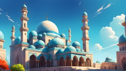 A blue and white building with a dome on top