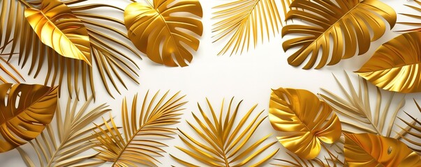 Golden tropical leaves on white background.  Minimalist, elegant, and luxurious design.  Perfect for summer and tropical themes.