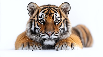 Fototapeta premium Close-up of a tiger cub lying in the snow with its paws in front of it, looking directly at the camera.