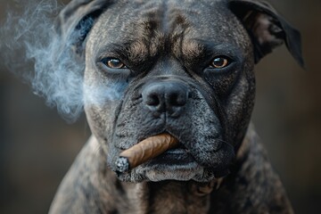 Close-up of a brindle dog smoking a cigar.
