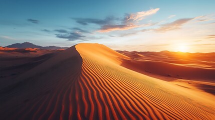 A sunset over desert dunes paints the landscape with warm hues, merging the vastness of the sand with the beauty of twilight.
