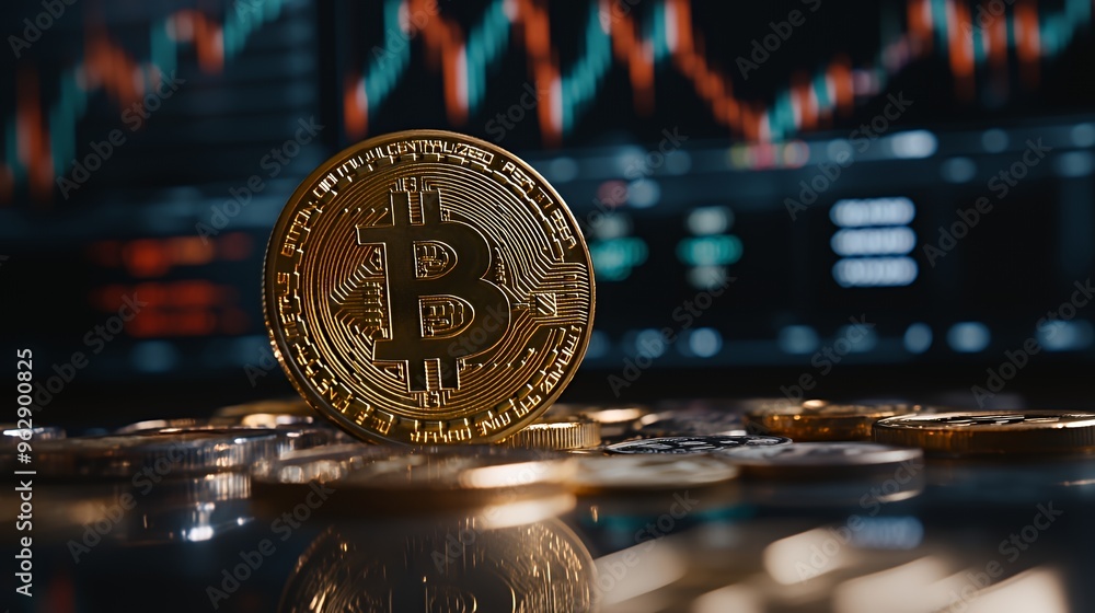 Poster a single bitcoin coin on a table with a blurred background of a stock market chart.