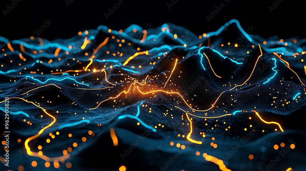 Poster an abstract digital landscape with glowing lines and particles forms a futuristic and dynamic portra