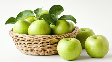 Green Apples in a Wicker Basket with Leaves