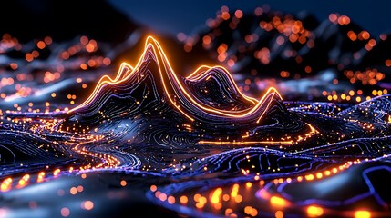 A 3D mountain landscape glows with lines and lights, blending abstract art with the majesty of nature in a modern vision.
