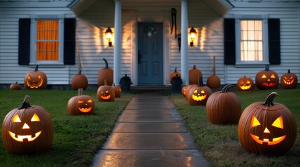 Obraz premium Halloween House with Carved Pumpkins at Night