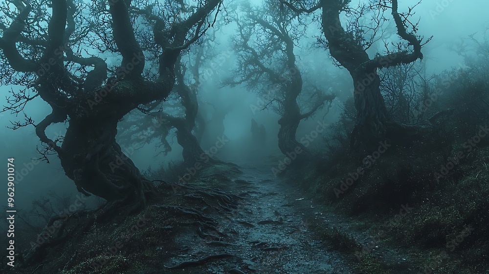 Poster a mysterious foggy forest path winds through twisted trees, enveloping the scene in an eerie and enc