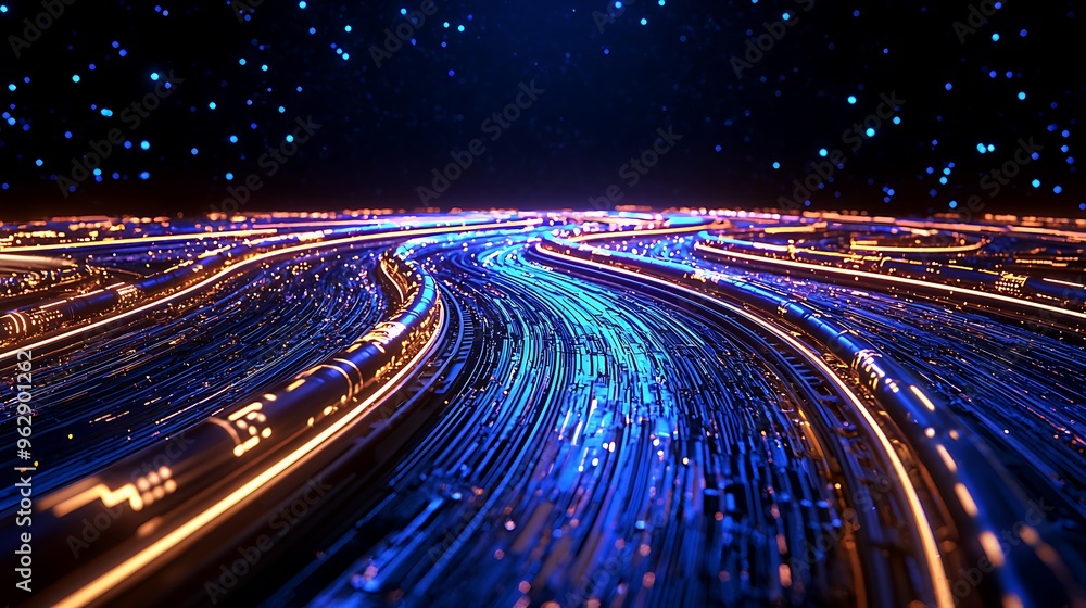 Poster an abstract technology background glows with lines and bokeh lights, capturing the essence of digita