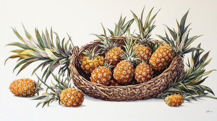 Fototapeta premium Watercolor Painting of Pineapples in a Basket with Green Leaves