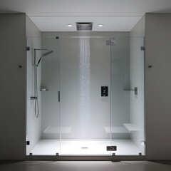 a shower with a glass door and a glass door.