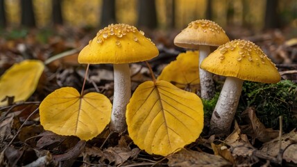 Yellow autumn leaves with mushroom