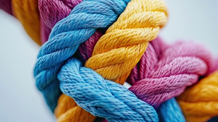 Multicolored rope knot on white background. Close up. Selective focus