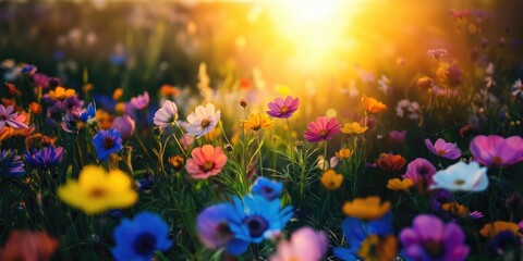Colorful floral meadow with beautiful flowers at setting sun field landscape