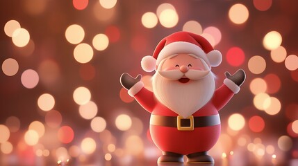 Cheerful Santa Claus standing in front of a blurred bokeh background.