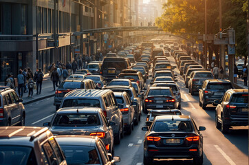 A busy city street with many cars and people. Top view of a dense row of vehicles on the highway, traffic jams during rush hour in city