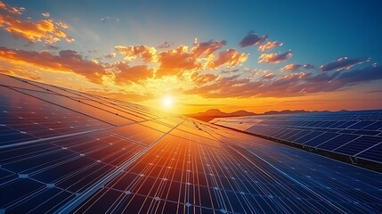 Sunset light bathes solar panels, emphasizing their role in capturing clean, renewable energy for a sustainable future.