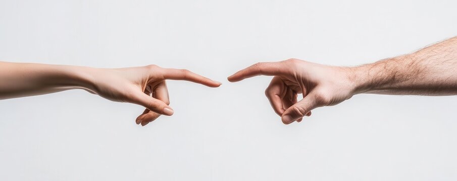 Two hands reaching for each other but never touching, separation, unfulfilled connection, touching hands.