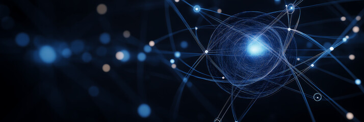 Obraz premium Quantum particle physics illustration, atomic structure concept, science and technology background, quantum mechanics visualization, atomic energy, particle collision, subatomic particles